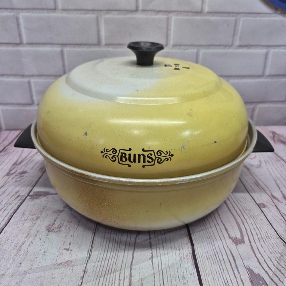 Vintage Mirro Aluminum Bun Warmer Steamer Harvest Yellow Buns Pot USA Made